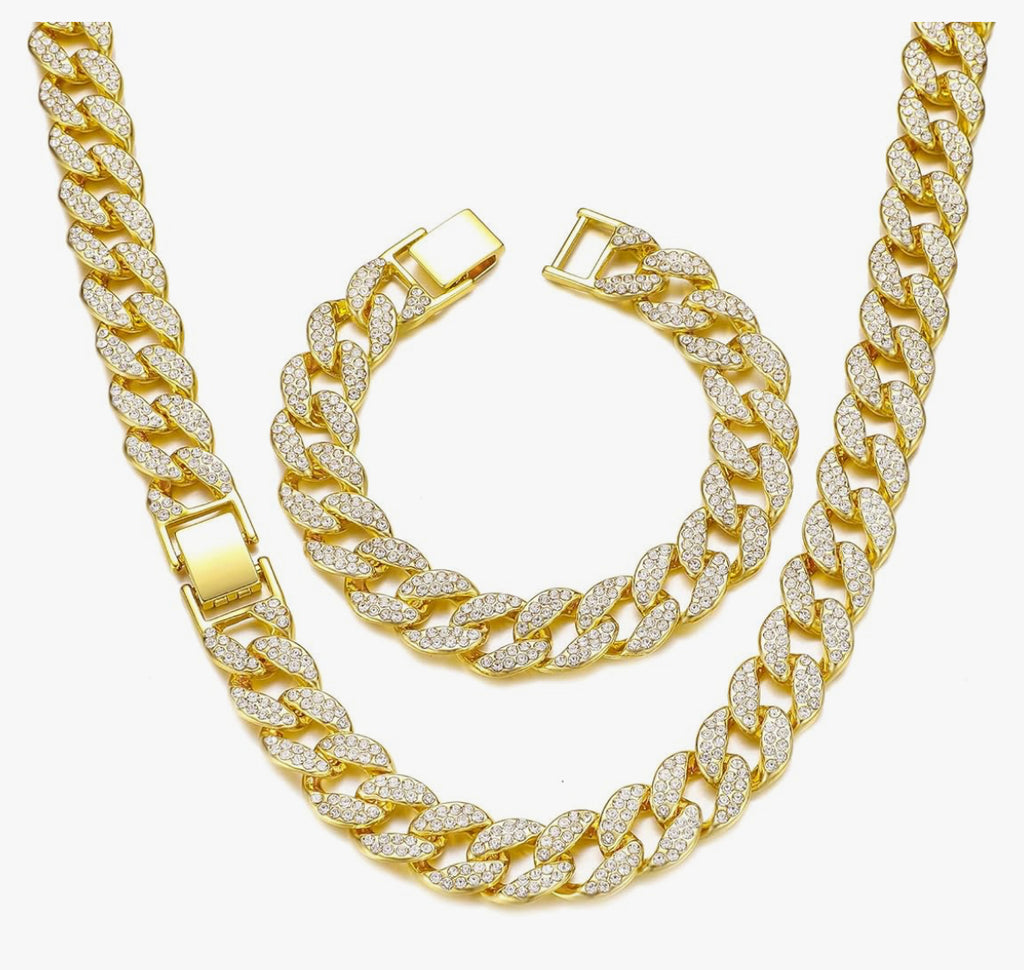 Saintda Cuban Link Chain and Bracelet Set for Men Women Iced Out Diamond