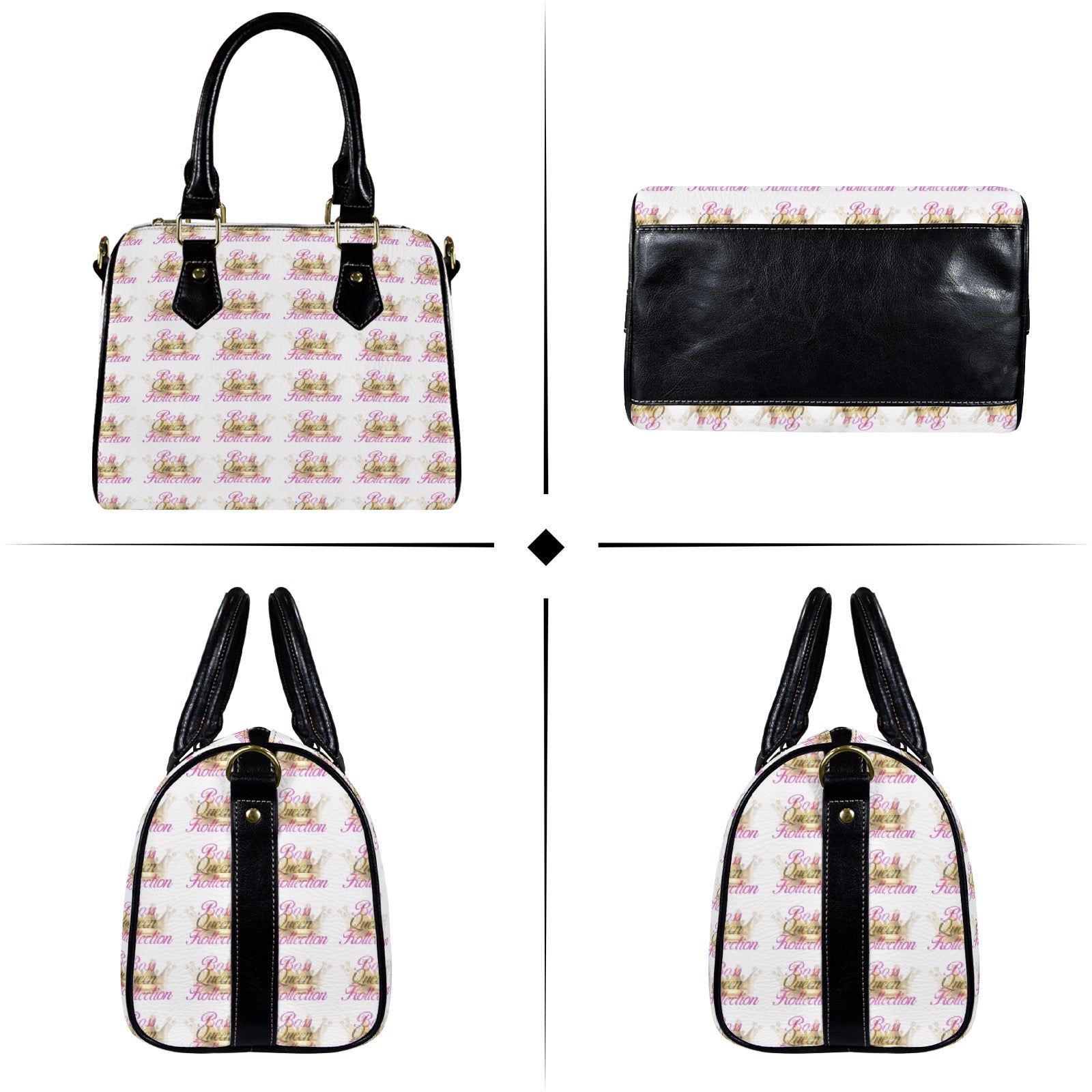 Purse Boston Leather Handbag-Black Handle