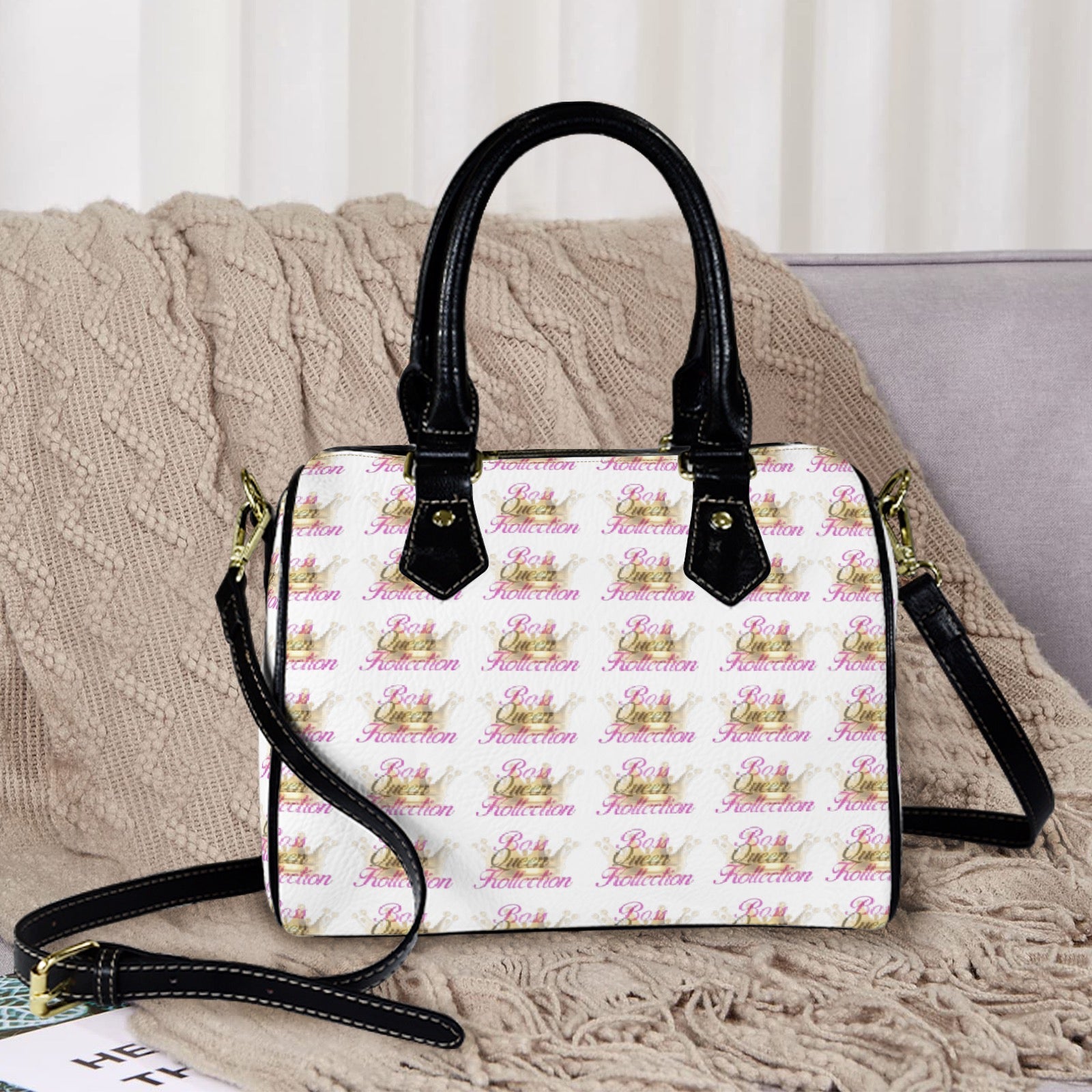 Purse Boston Leather Handbag-Black Handle